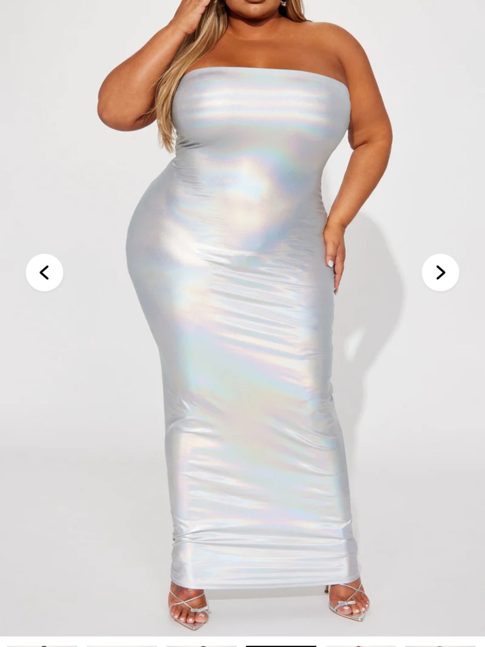 Strapless Iridescent Silver Bodycon Maxi Dress